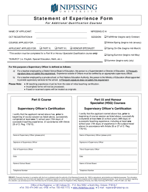 Statement of Experience Form for Additional Qualification Courses