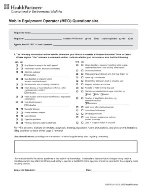 Mobile Equipment Operator Questionnaire