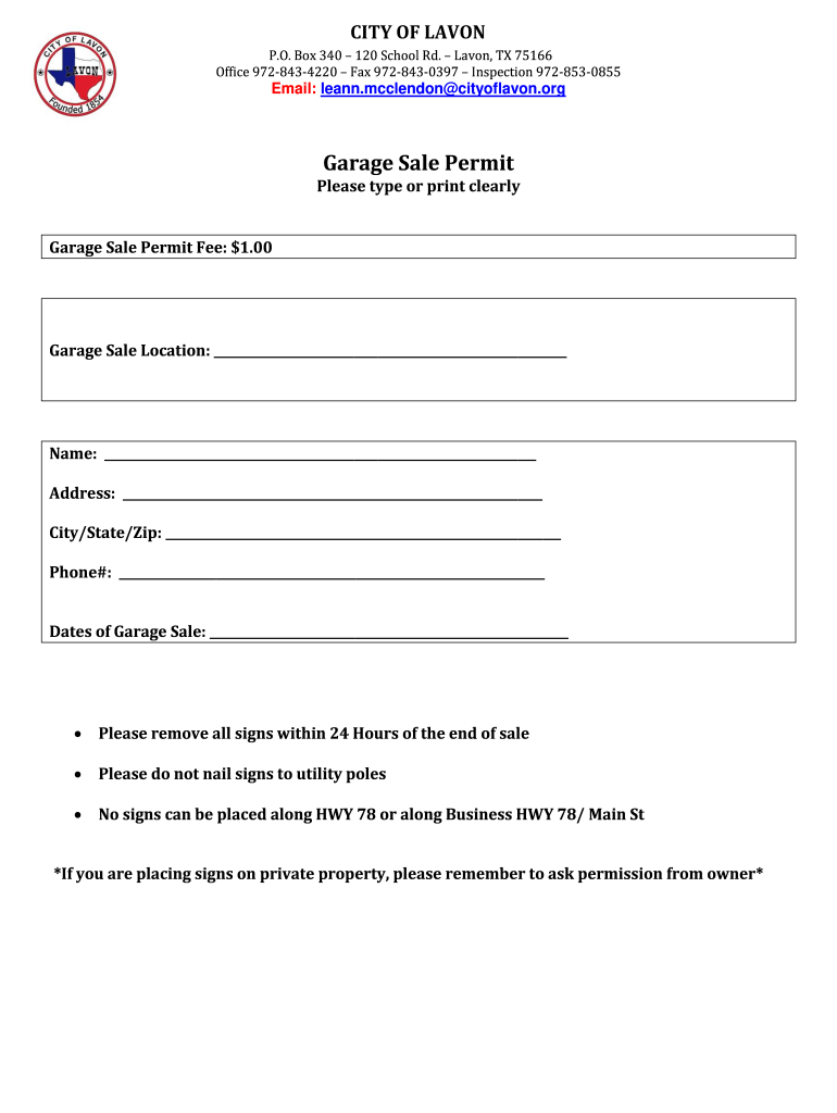 Garage Sale Permit Application.pdf City of Lavon Fill out & sign