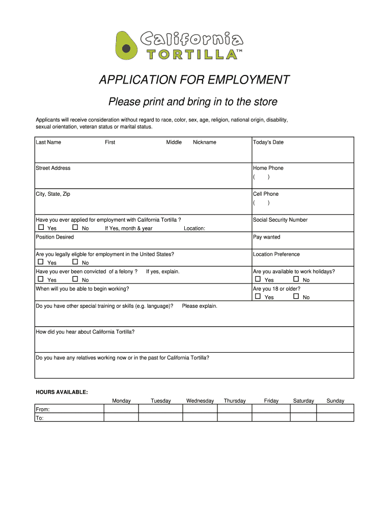 california tortilla application Preview on Page 1