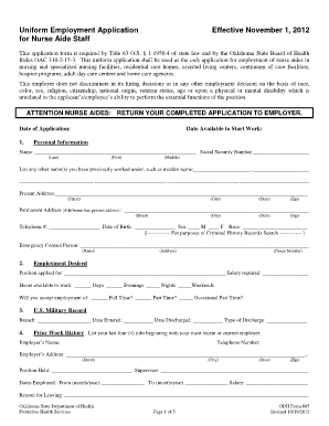 Uniform Employment Application for Nurse Aide Staff