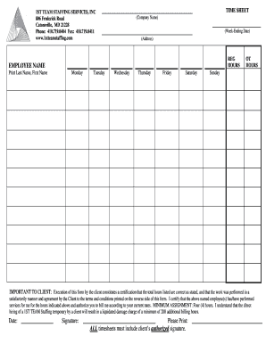 1st Team Staffing Services Time Sheet