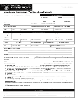 New Zealand Import Entry Form for Yachts