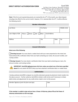 SamCERA Direct Deposit Authorization Form