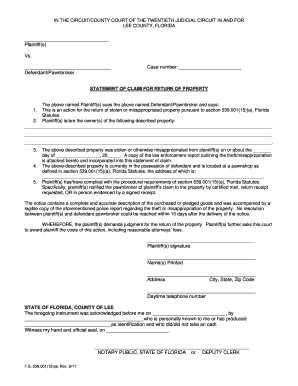 Statement of Claim for Return of Property