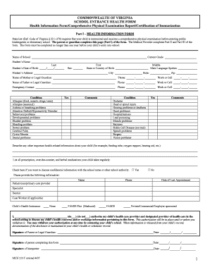 Virginia School Entrance Health Form