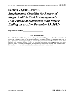 Supplemental Checklist for Review of Single Audit Act/A-133 Engagements