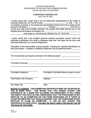 Arkansas Sales and Use Tax Exemption Certificate