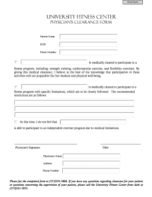 University Fitness Center Physician's Clearance Form