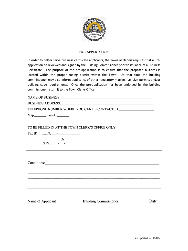 Fillable Online town dennis ma Pre Application Form the Town of
