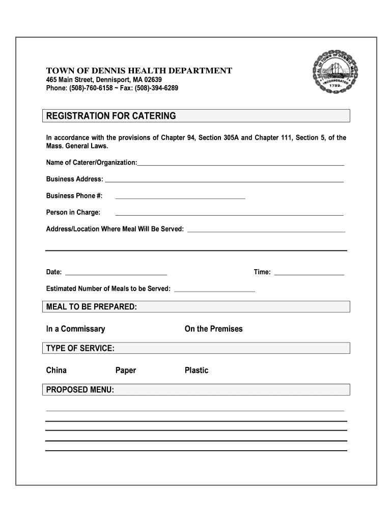 Fillable Online town dennis ma Catering Registration Form the Town of