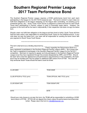 Fillable Online The Southern Regional Premier League requires a $1500