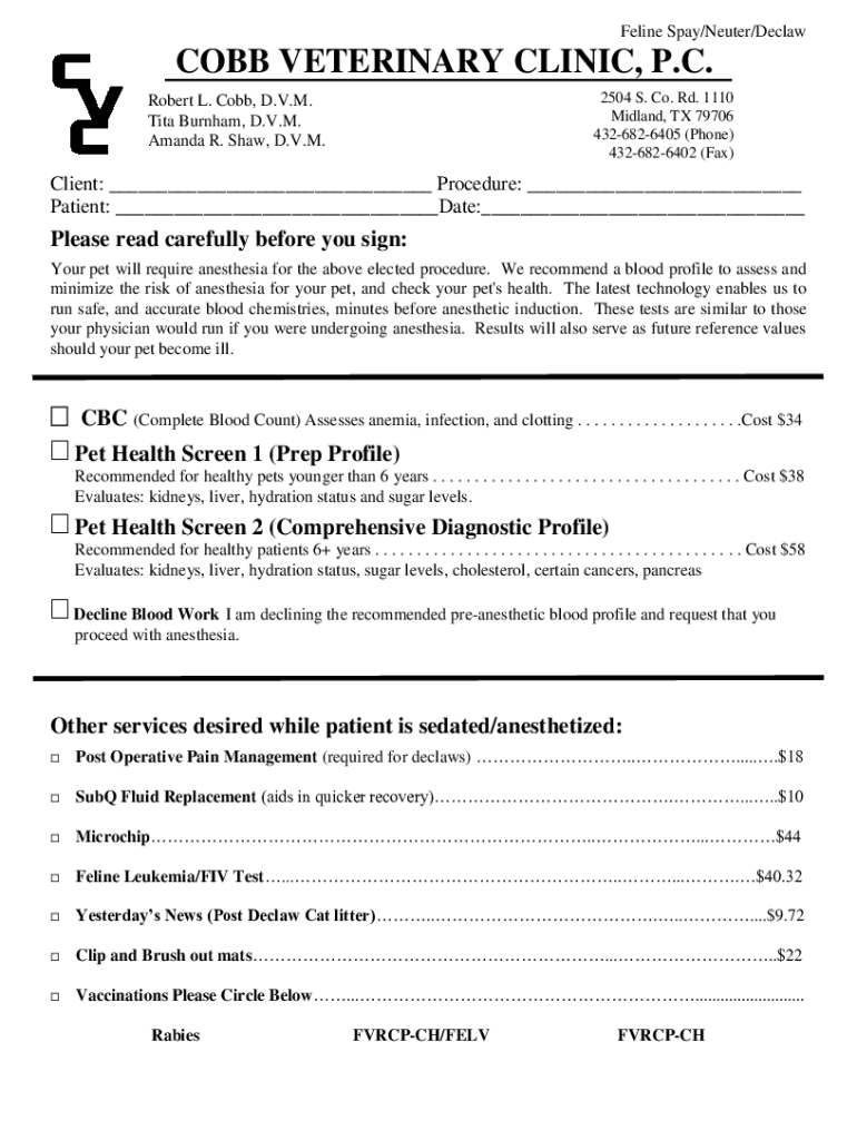 Fillable Online Feline Spay/Neuter/Declaw Fax Email Print pdfFiller