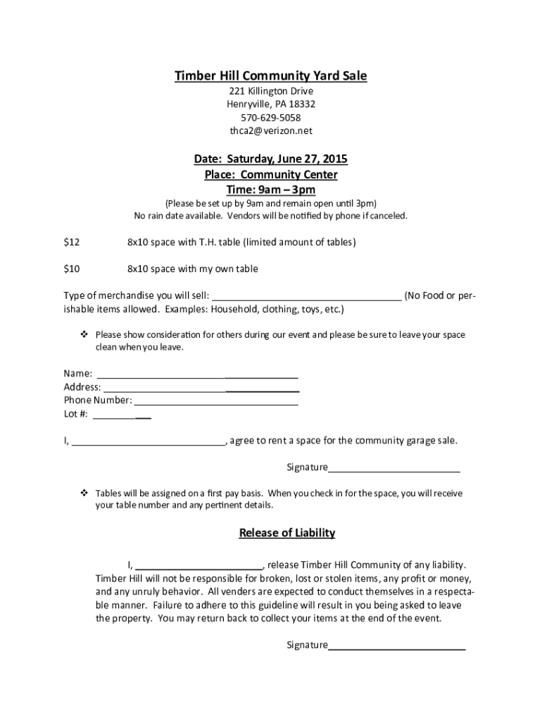 Fillable Online Timber Hill Community Yard Sale Fax Email Print pdfFiller