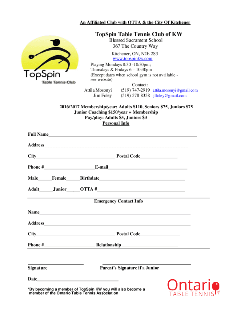 Fillable Online News and EventsTopSpin Table Tennis of Kitchener
