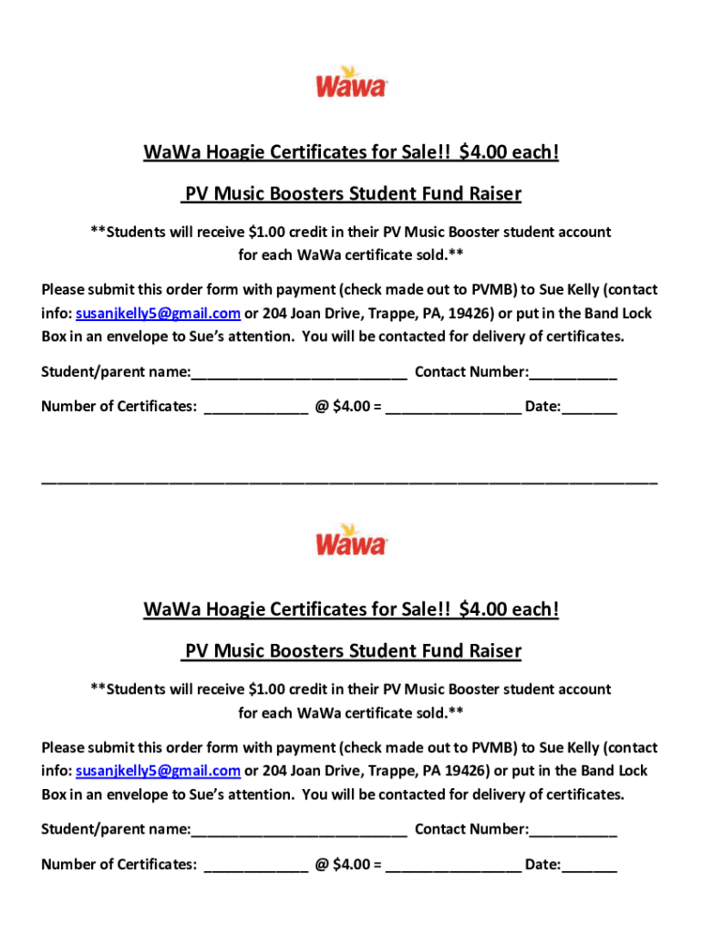 Fillable Online WaWa Hoagie Certificates for Sale!! $4.00 each! PV ...