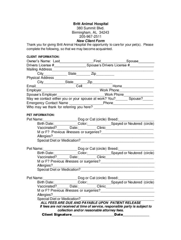 Fillable Online Britt Animal Hospital Fax Email Print pdfFiller