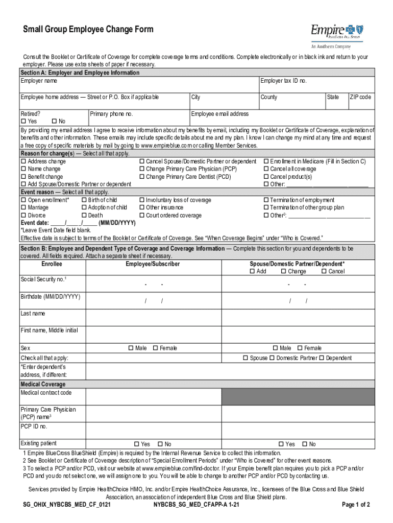 Fillable Online Small Group Employee Change Form Fax Email Print