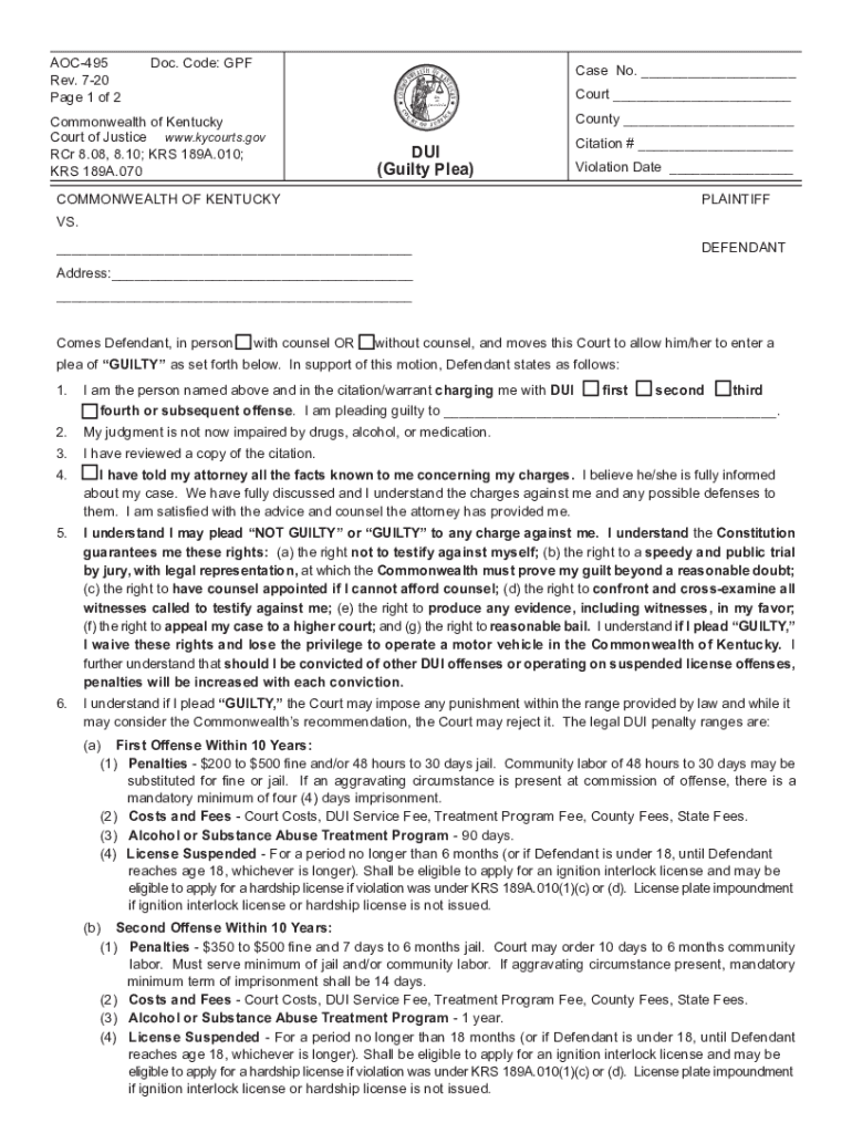 ky dui guilty plea form Preview on Page 1