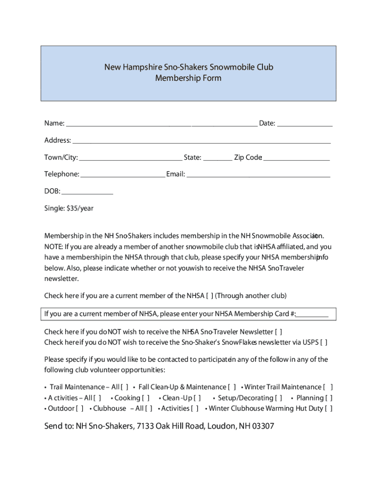 Fillable Online New Hampshire SnoShakers Snowmobile Club Fax Email