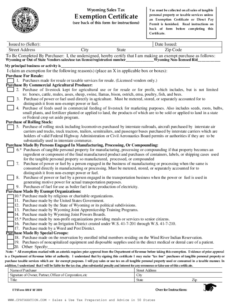 Fillable Online Wyoming Sales Tax Exemption Certificate personal ...