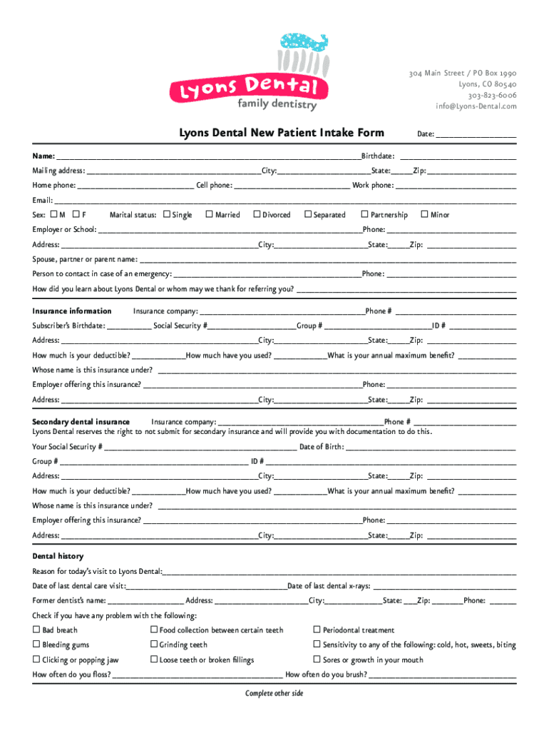 lyons intake form Preview on Page 1