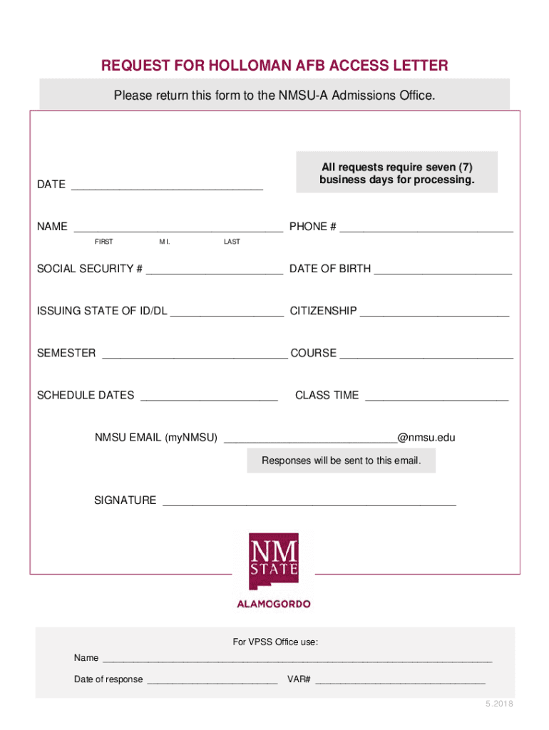 Fillable Online REQUEST FOR HOLLOMAN AFB ACCESS LETTER Fax Email Print