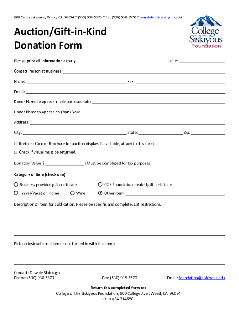 Auction Gift-in-Kind Donation Form Preview on Page 1