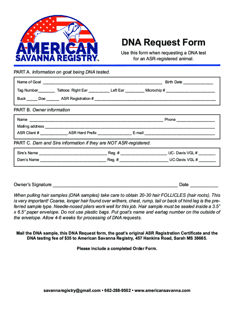 Fillable Online DNA Request Form - American Savanna Fax Email Print ...