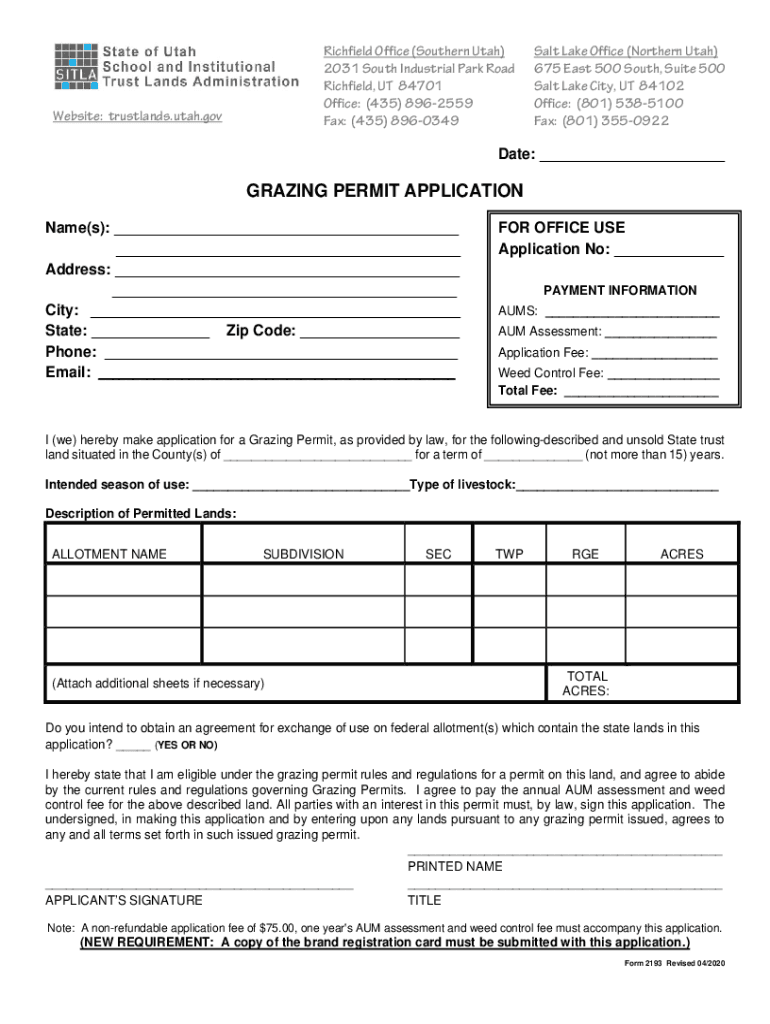 Fillable Online trustlands utah GRAZING PERMIT APPLICATION trustlands