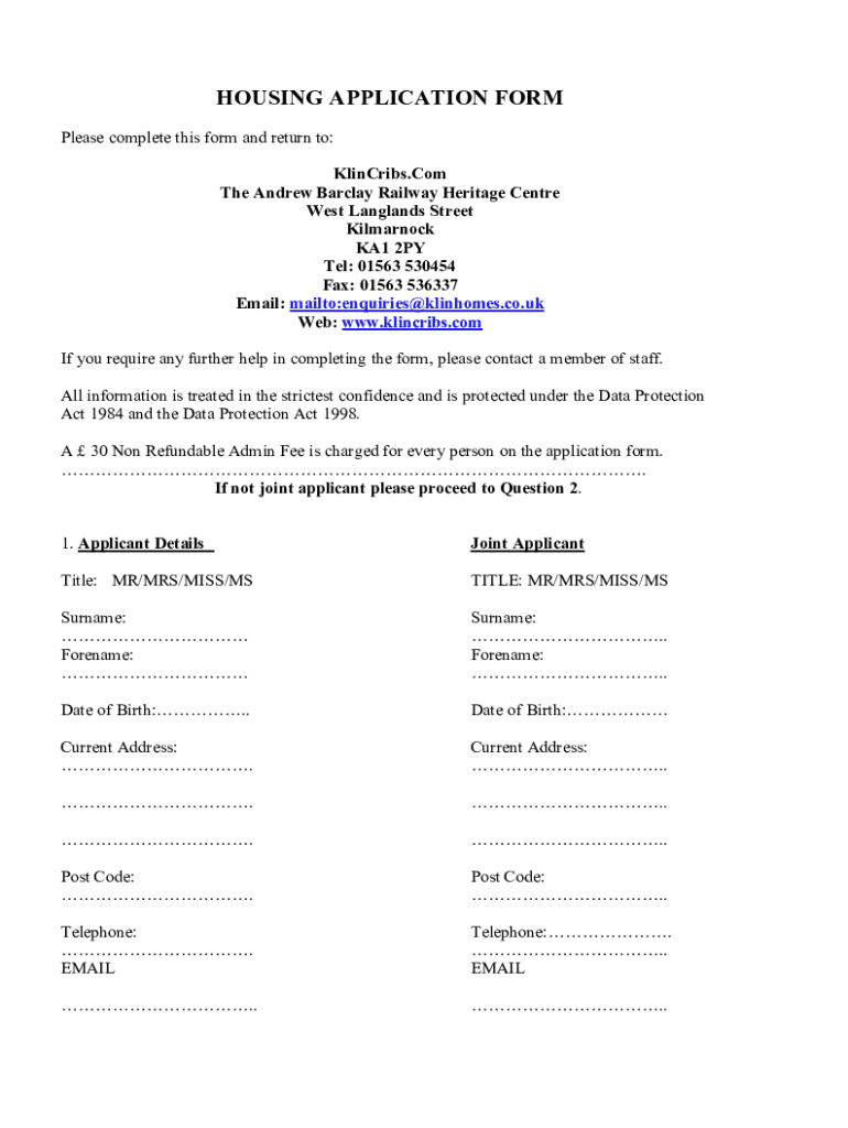 Fillable Online HOUSING APPLICATION FORM1 Klin Cribs Fax Email Print