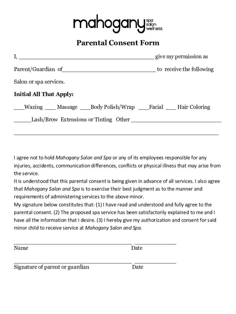 Parental Consent Form - Mahogany Natural Hair Salon and Spa Preview on Page 1