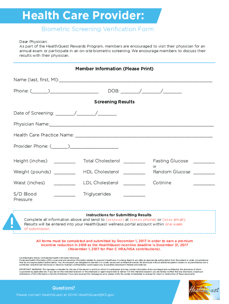 Biometric Health Screening Form Preview on Page 1