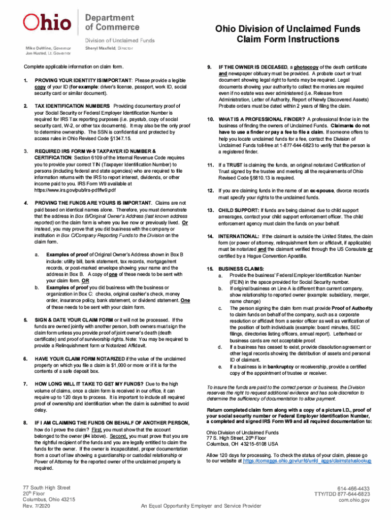 PDF Claim Form Instructions - Ohio Department of Commerce - Ohio Preview on Page 1