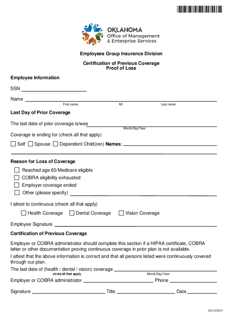2019 Form OK Certification Of Previous Healthcare Coverage Proof Of 