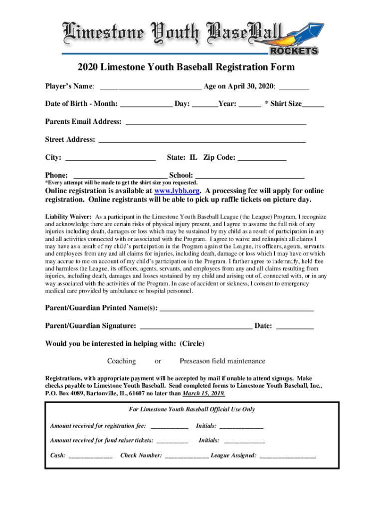 Fillable Online 2020 Limestone Youth Baseball Registration Form Fax