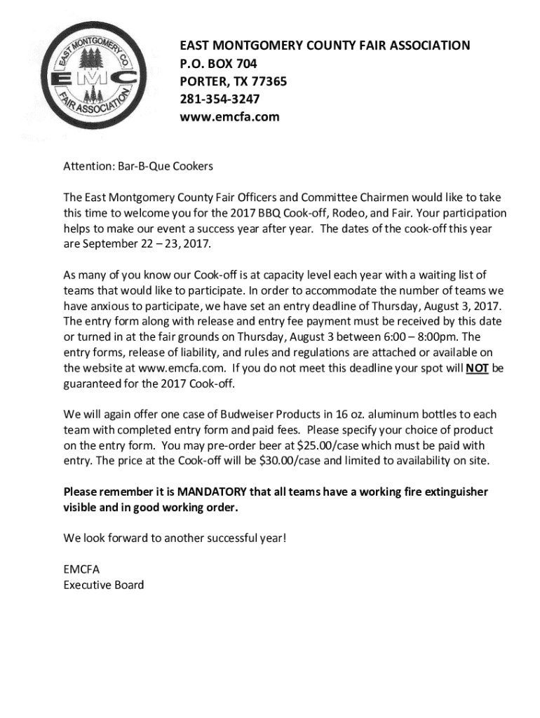 Fillable Online EAST MONTGOMERY COUNTY FAIR ASSOCIATION P.O. BOX 704