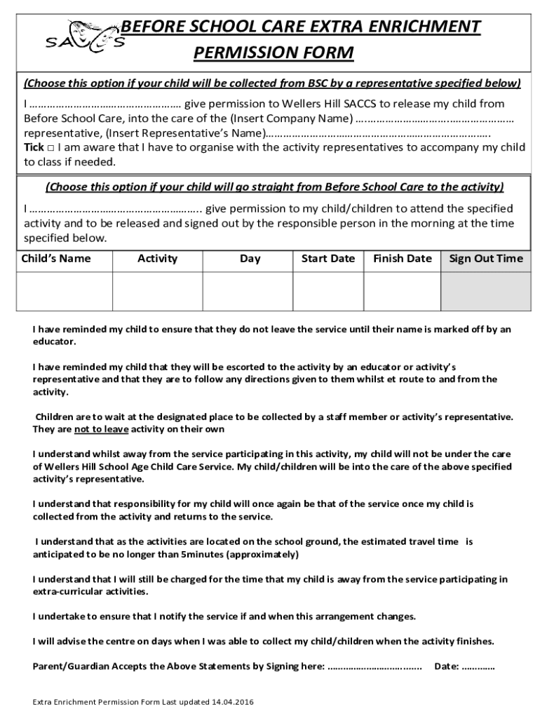 Fillable Online BEFORE SCHOOL CARE EXTRA ENRICHMENT PERMISSION FORM Fax