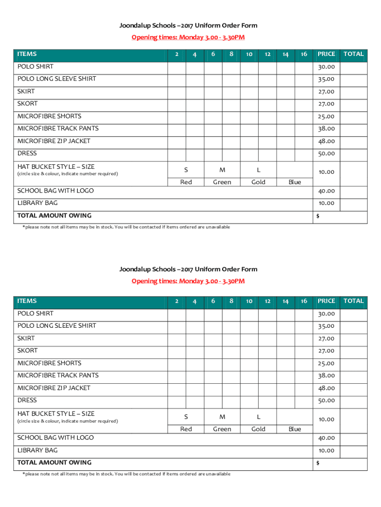 Fillable Online joondalupesc wa edu Joondalup Schools 2017 Uniform