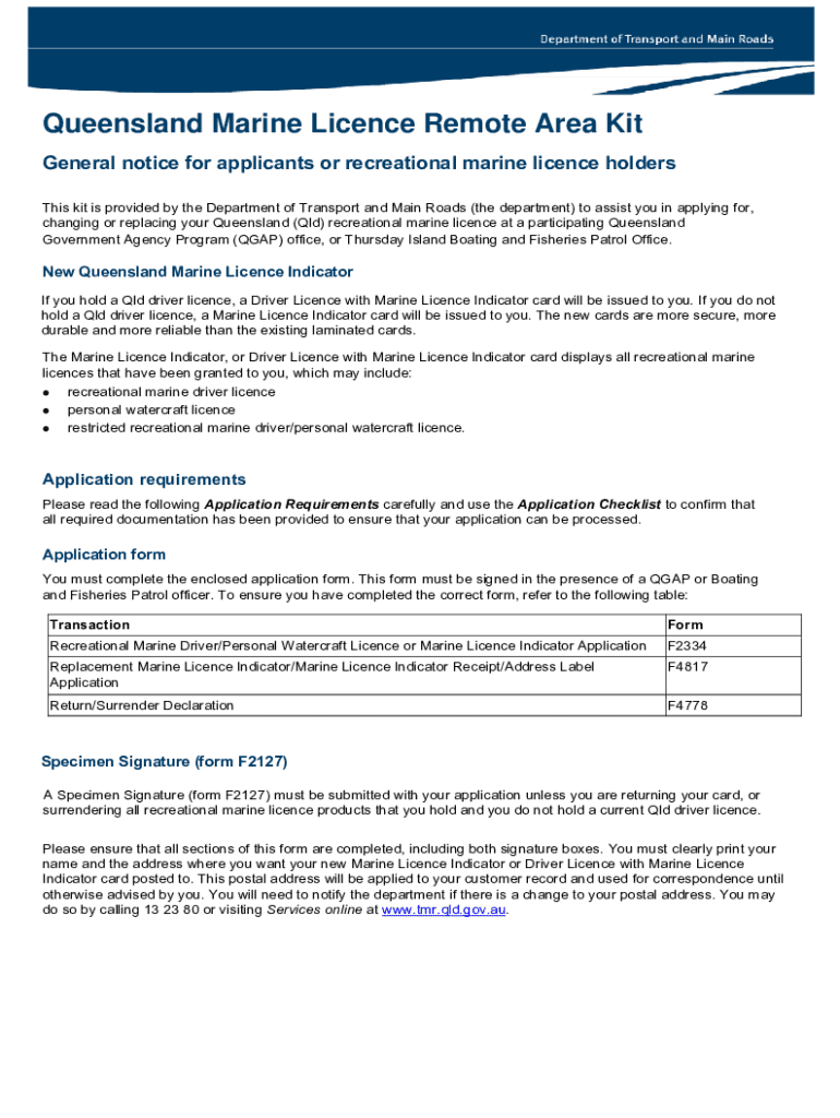 Fillable Online Queensland Marine Licence remote area kit. Queensland