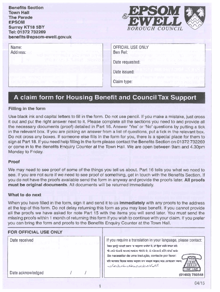 Fillable Online epsomewell gov Housing Benefit Application Form