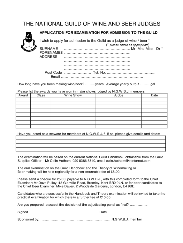 Fillable Online ngwbj org APPLICATION FORM FOR THE EXAMINATION OF THE