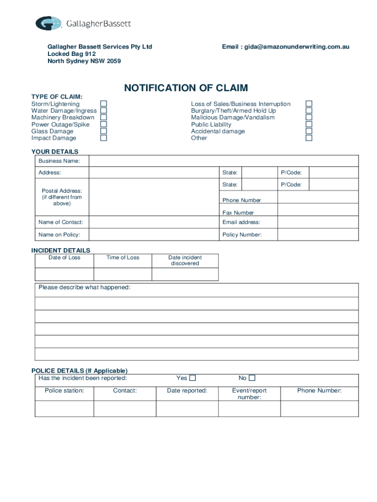 Fillable Online Gallagher Bassett Services Pty Ltd Property Claim Form Fax Email Print pdfFiller