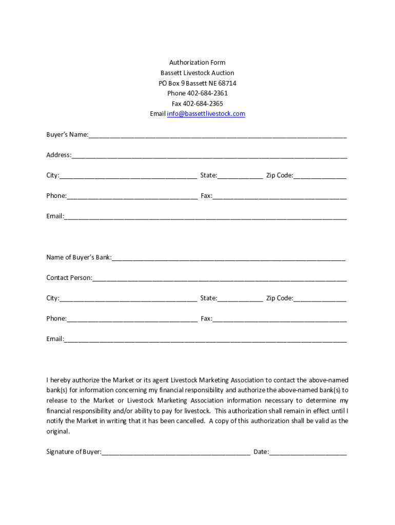 Fillable online authorization form bassett livestock auction po box 9