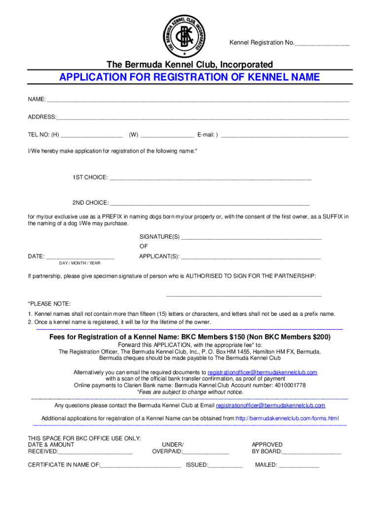 Fillable Online Application for Registration of Litter Bermuda Kennel