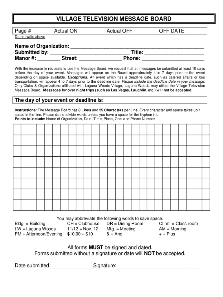 Fillable Online ROSSMOOR ELECTRIC TELEVISIONCHANNEL 6 MESSAGE BOARD Fax