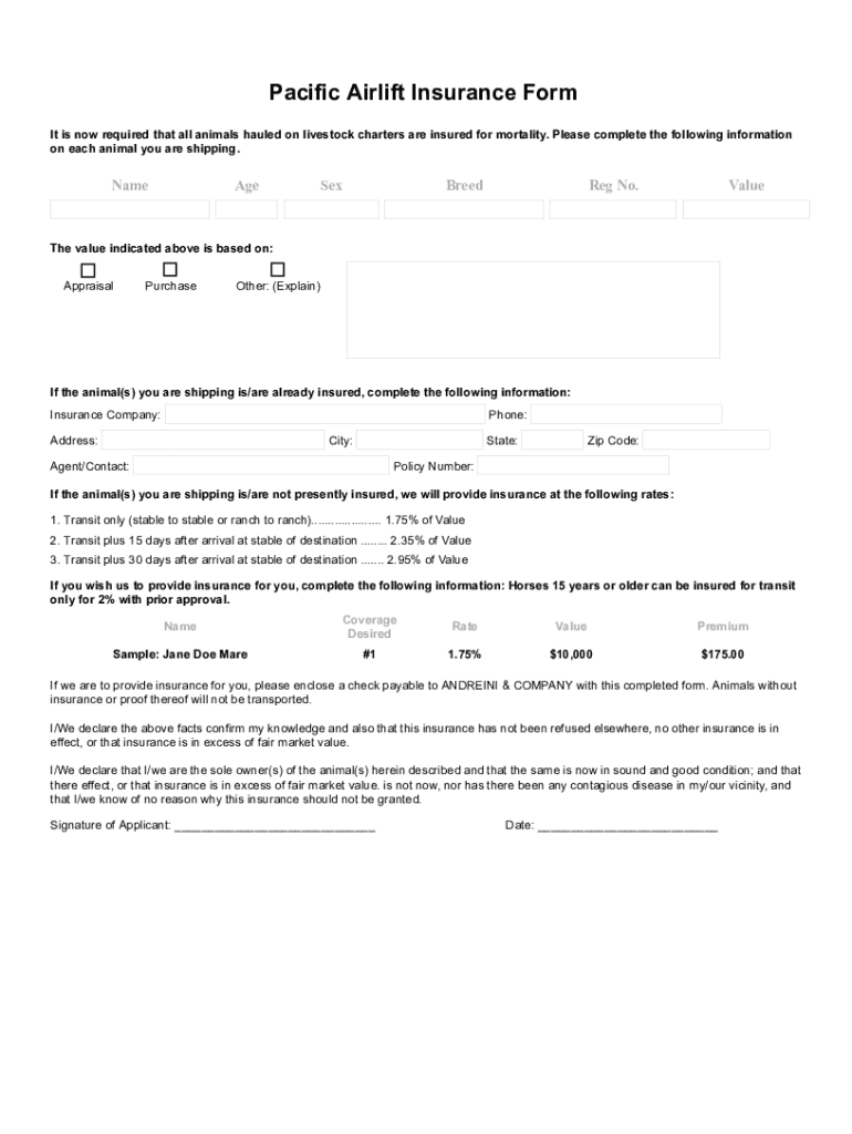Fillable Online Pacific Airlift Insurance Form Fax Email Print pdfFiller