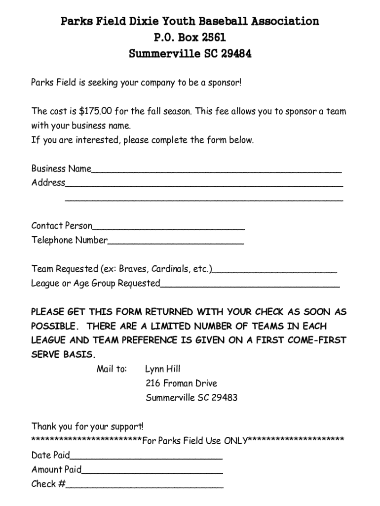 Fillable Online Parks Field Dixie Youth Baseball Association Fax Email