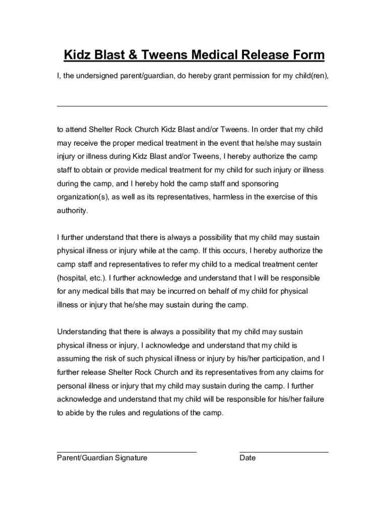 Fillable Online Kidz Blast Tweens Medical Release Form MSC Fax Email