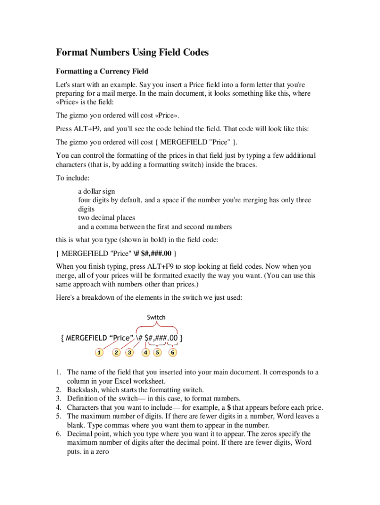 Fillable online format currency and other numbers by using field codes